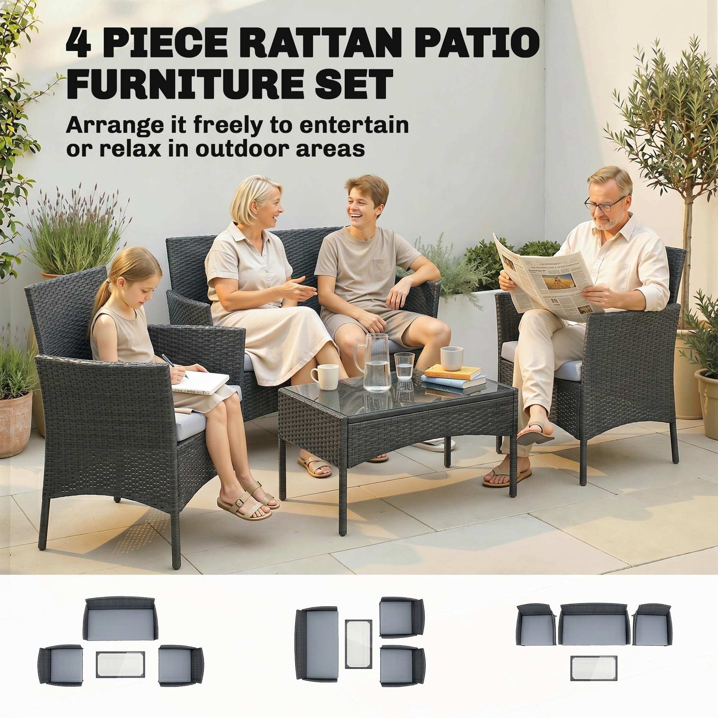4 Piece Rattan Garden Furniture Sofa Set with Loveseat, Armchairs, Glass-Top Coffee Table and Cushions, Black