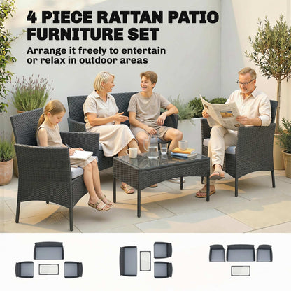 4 Piece Rattan Garden Furniture Sofa Set with Loveseat, Armchairs, Glass-Top Coffee Table and Cushions, Black