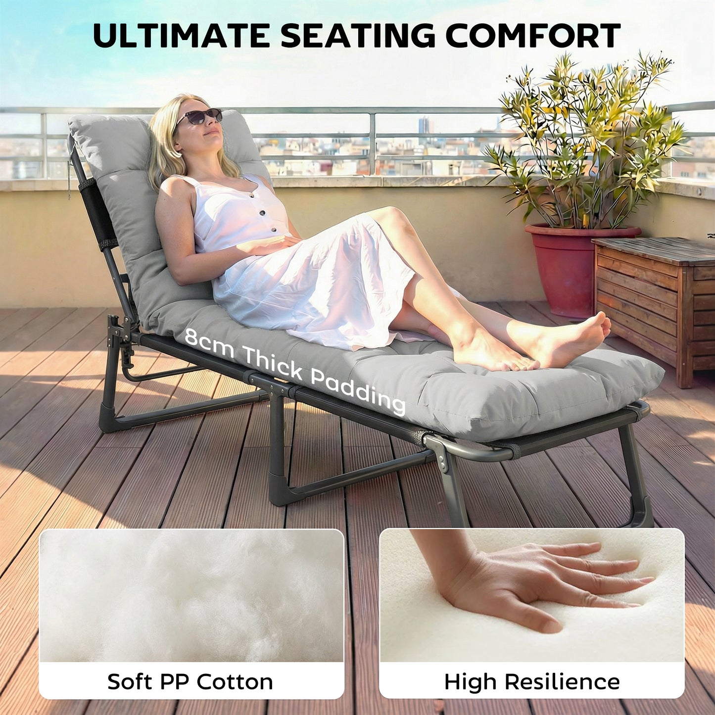 Sun Lounger Cushions Only, Garden Lounge Chair Cushions Set of 2, Sunbed Replacement Pads with 4 Ties, Light Grey