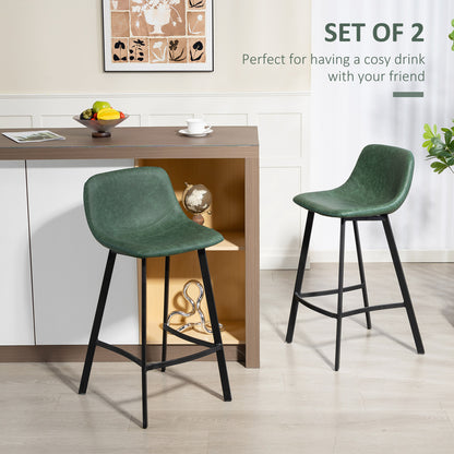 Bar Stools Set of 2, PU Leather Dining Stools with Backrest, Footrest, for Kitchen, Counter, Breakfast Bar, Green