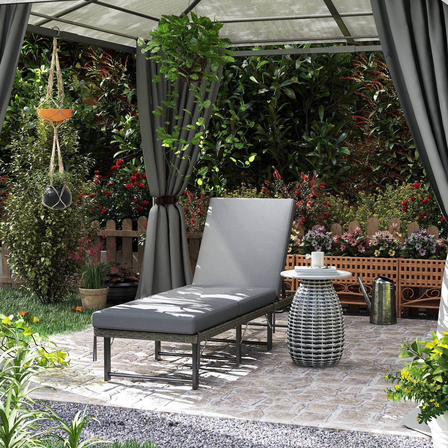 Single Folding Rattan Sun Lounger, with Cushion - Grey