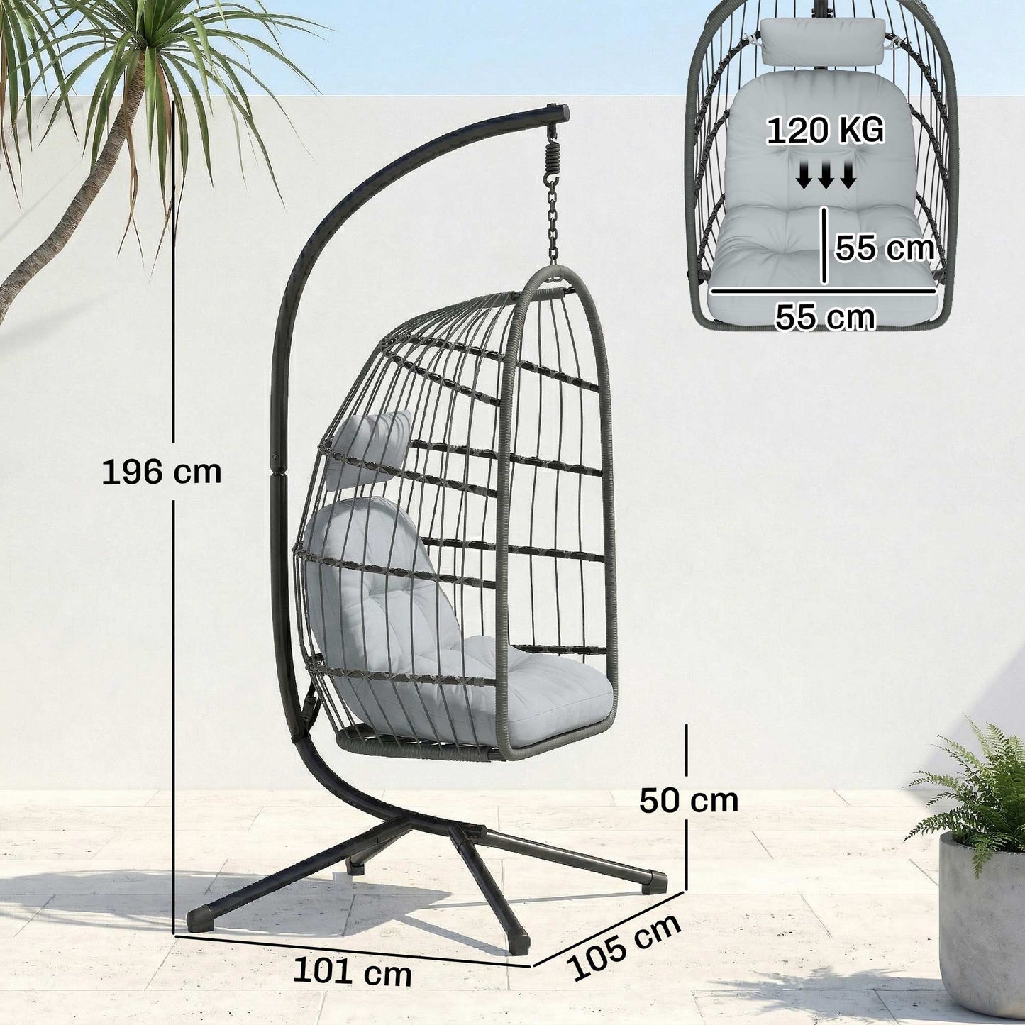 Hanging Egg Chair, Indoor Outdoor Hammock Swing Chair with Stand, Safety Strap, Foldable Basket, Dark/Light Grey