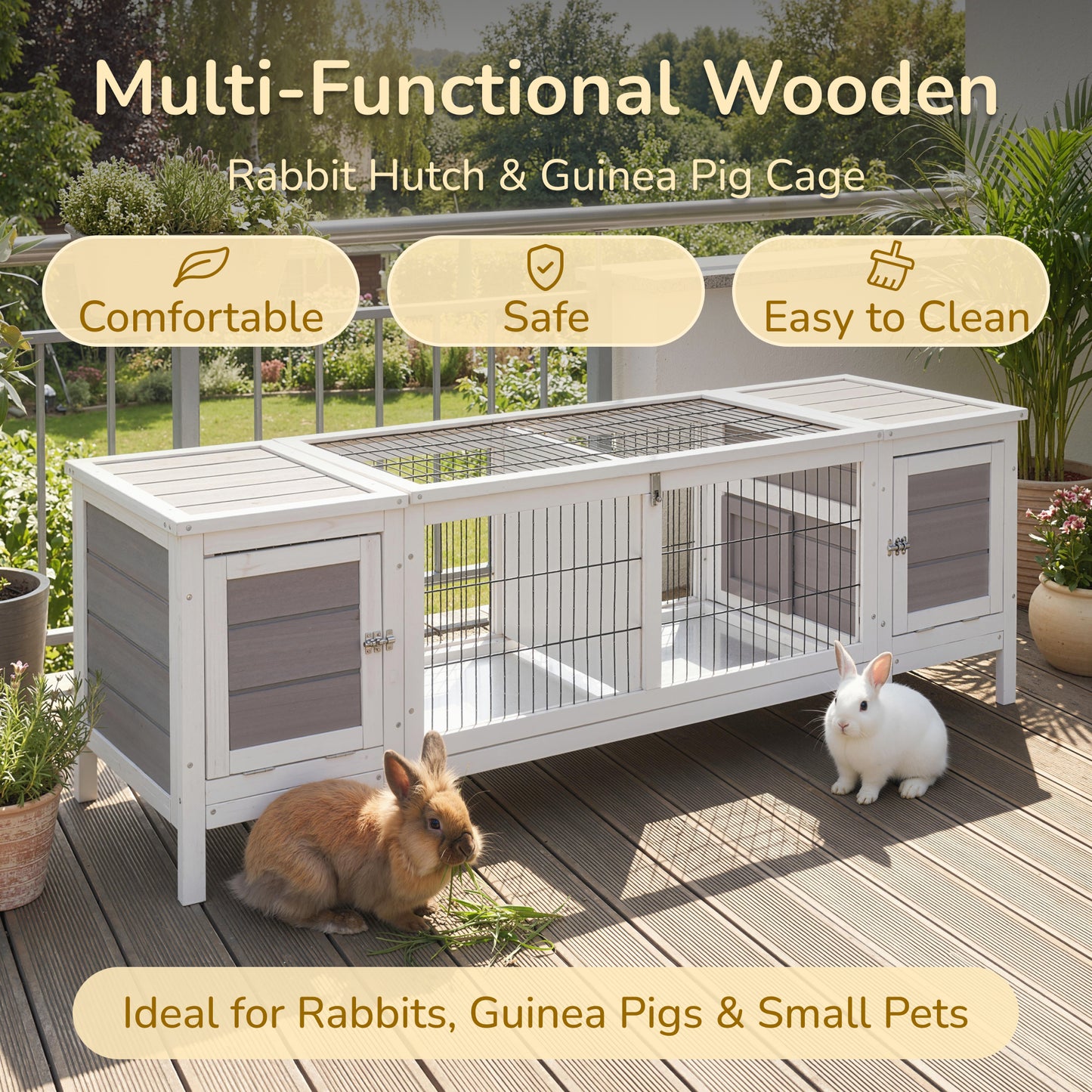 Rabbit Hutch and Run, with Removable Tray - Grey