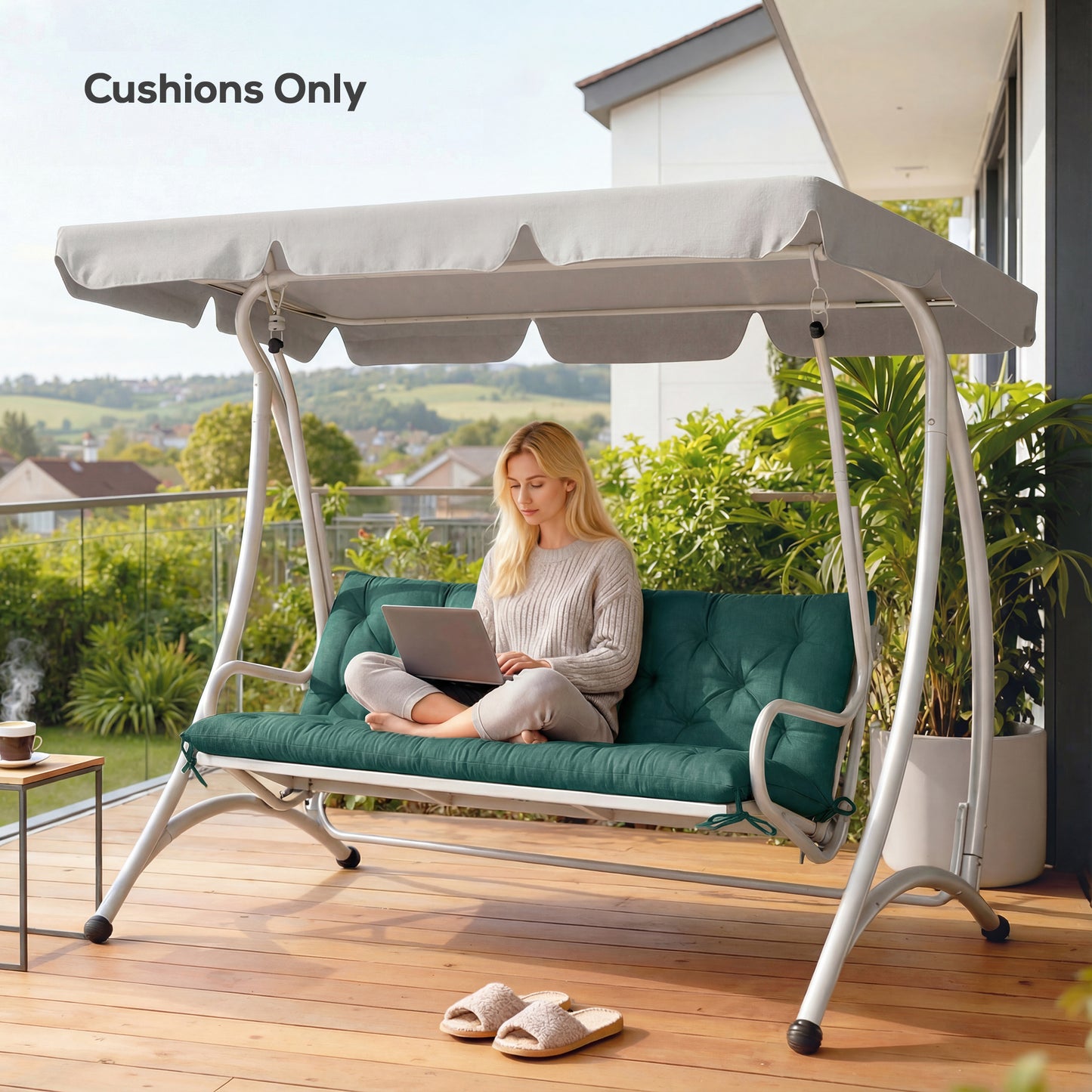 3 Seater Bench Cushion, Garden Chair Cushion with Back and Ties for Indoor and Outdoor Use, 98 x 150 cm, Green