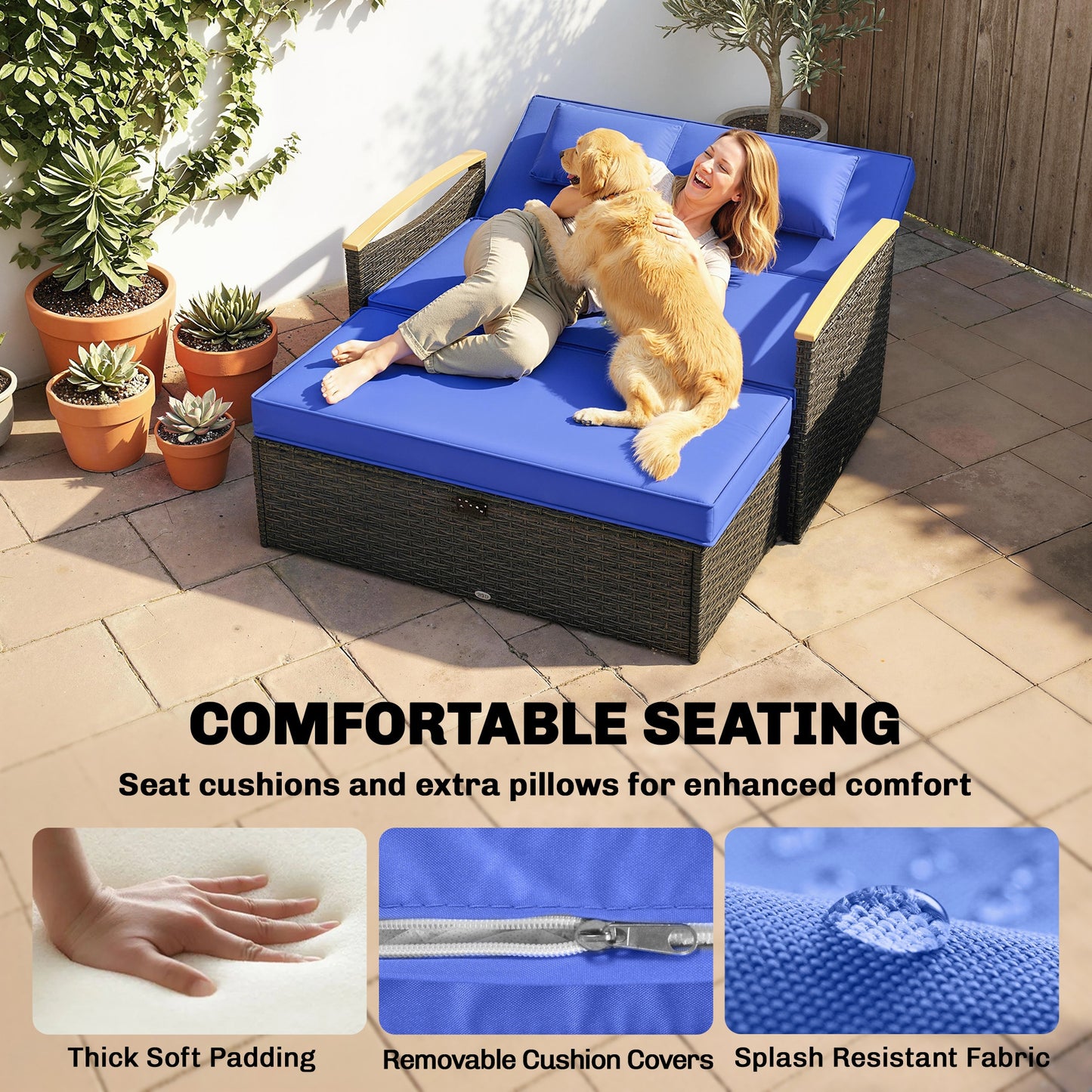 Double Garden Rattan Daybed, Wicker Sun Bed Chaise Lounger with Storage Ottoman, 4-Level Adjustable Backrest, Brown