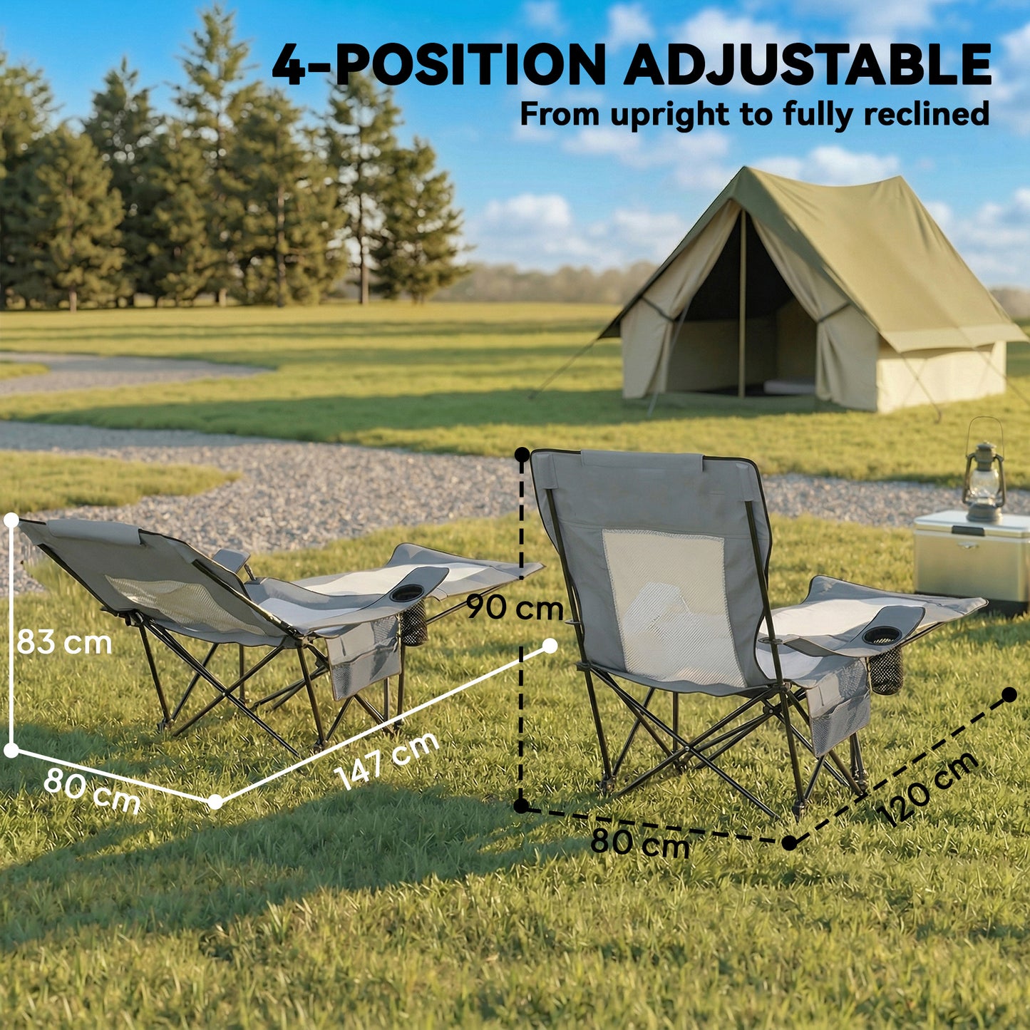 Camping Chair Reclining Portable Camp Chair with Detachable Footrest Cup Holder Grey