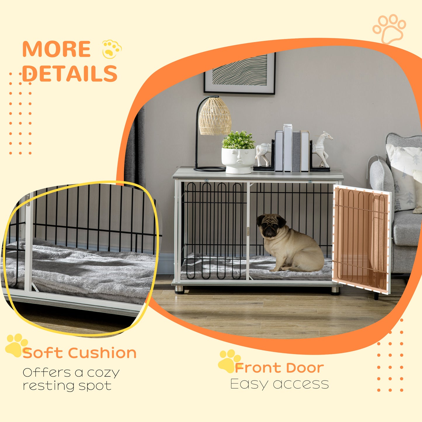 Indoor Dog Crate Furniture, Side End Table, with Soft Washable Cushion, Lockable Doors, for Small and Medium Dogs