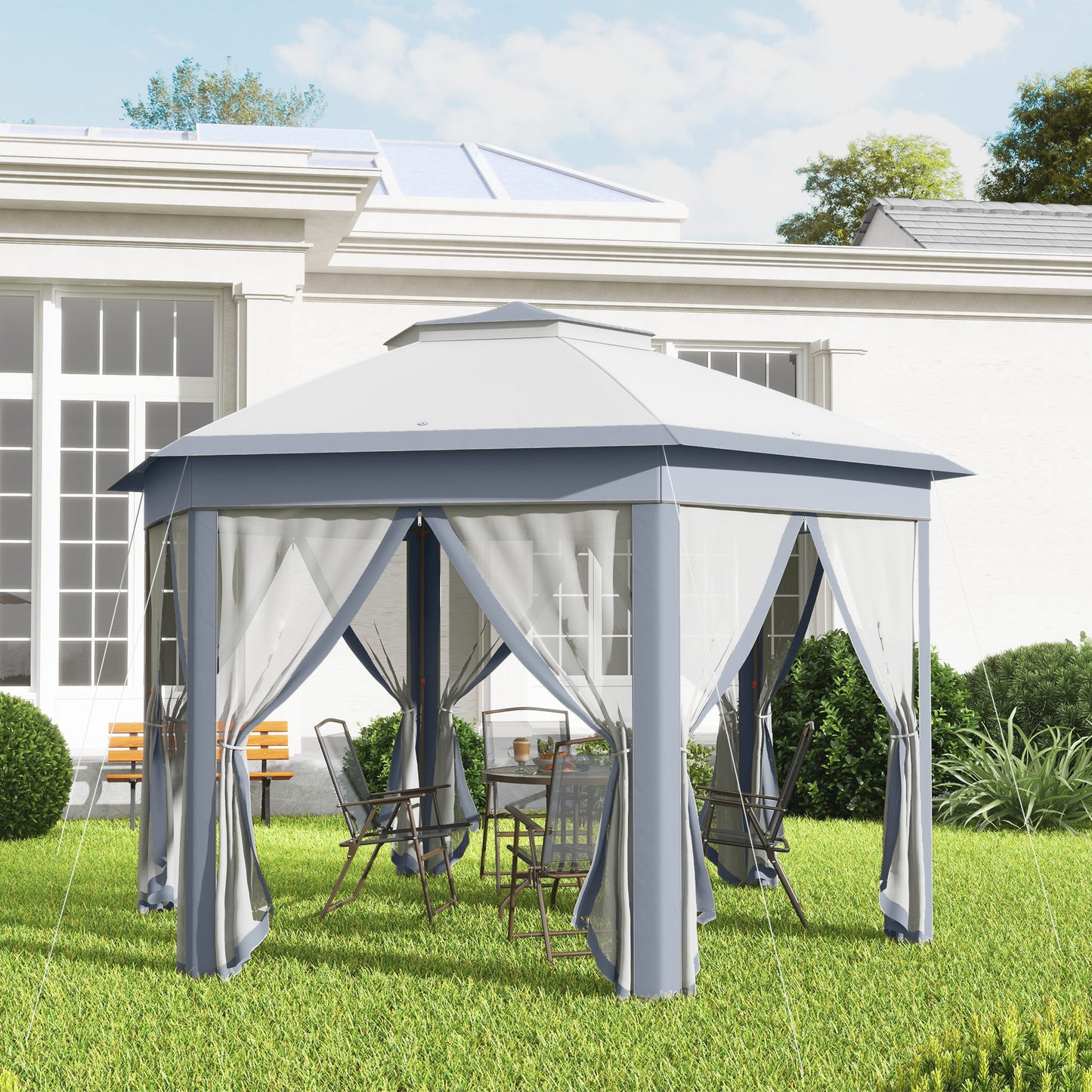 3 x 4m Metal Frame Hexagon Gazebo with UV-resistance Roof and Mesh Curtains - Grey