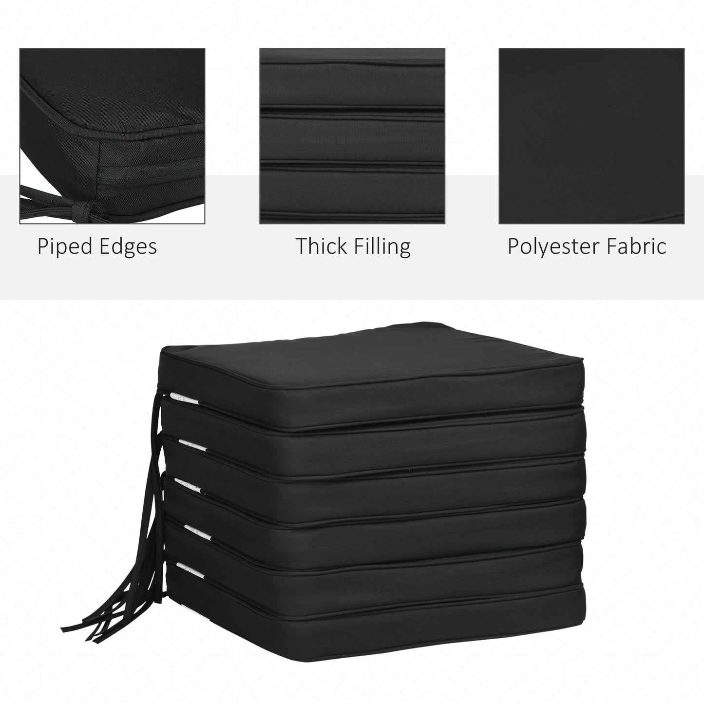 Set of 6 Chair Cushion Seat Pads Dining Chair w/ Straps Indoor Outdoor Removable Tie On Garden Patio, Black