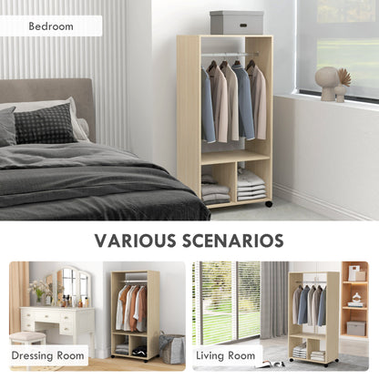 Open Wardrobe on Wheels, Bedroom Wardrobe with Clothes Hanging Rail, 2 Storage Shelves, Mobile Garment Rack for Cloakroom