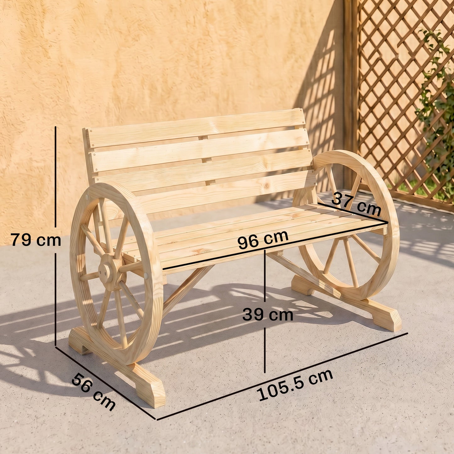 Wagon Wheel Chair Bench Armrest Rustic Loveseat Wood Outdoor Garden, Natural