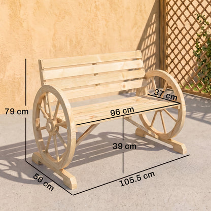 Wagon Wheel Chair Bench Armrest Rustic Loveseat Wood Outdoor Garden, Natural