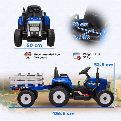 Ride On Tractor, Battery Powered Electric Car, with Detachable Trailer, Remote Control, Music, Blue