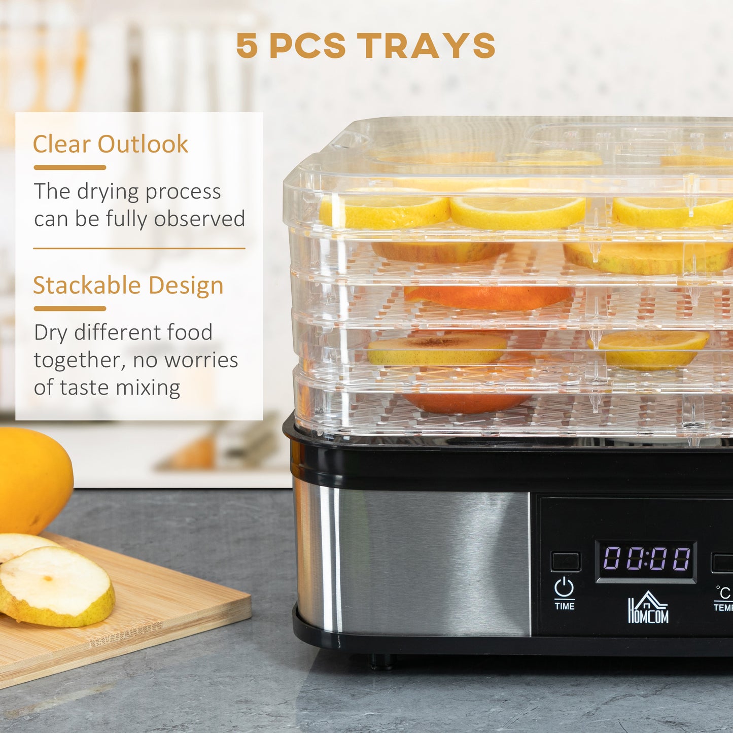 5 Tier Food Dehydrator, 245W Stainless Steel Food Dryer Machine with Adjustable Temperature