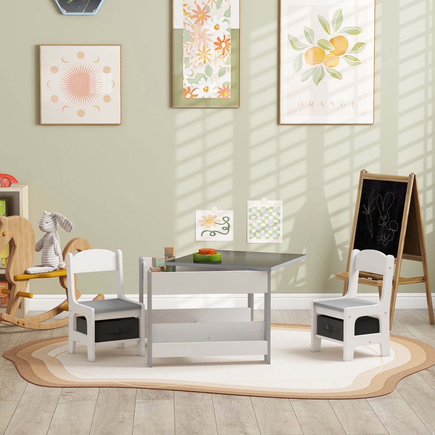 Three-Piece Kids Table and Chair Set with Blackboard, Storage, Bookshelves - Grey