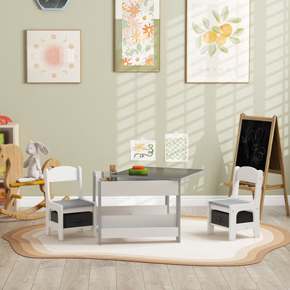 Three-Piece Kids Table and Chair Set with Blackboard, Storage, Bookshelves - Grey