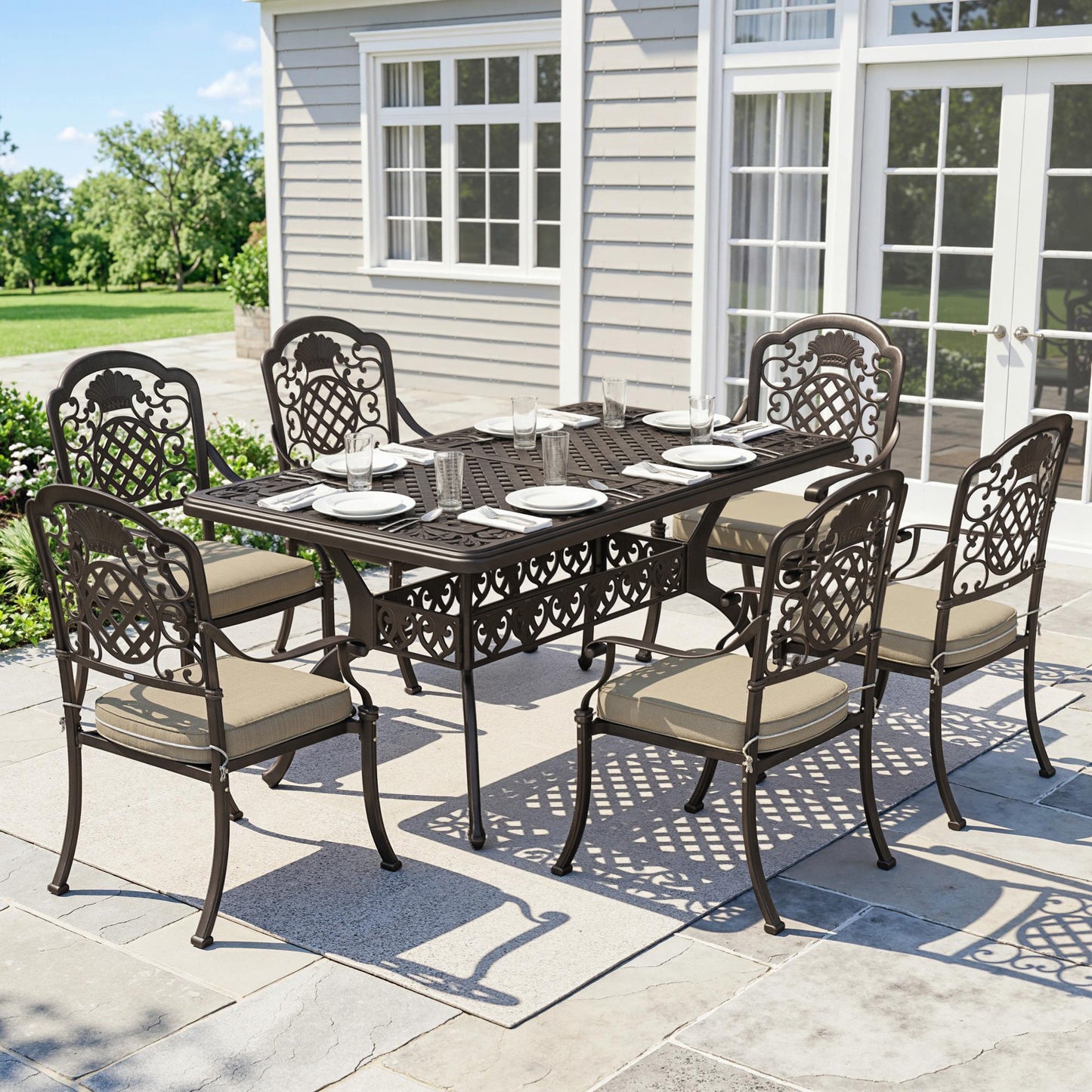 Garden Dining Set for 6, Cast Aluminium Outdoor Table and Chairs Set with Cushions, Parasol Hole for Patio, Bronze Tone