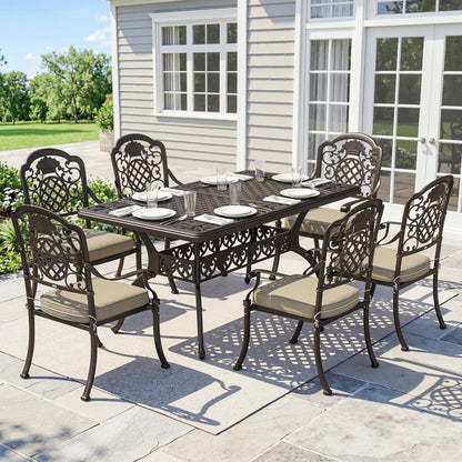 Garden Dining Set for 6, Cast Aluminium Outdoor Table and Chairs Set with Cushions, Parasol Hole for Patio, Bronze Tone