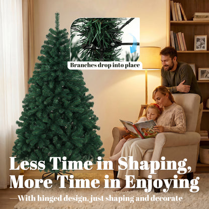 6ft Artificial Christmas Tree, Fir Hinged Xmas Tree with 700 Branch Tips, Foldable Steel Stand, Green