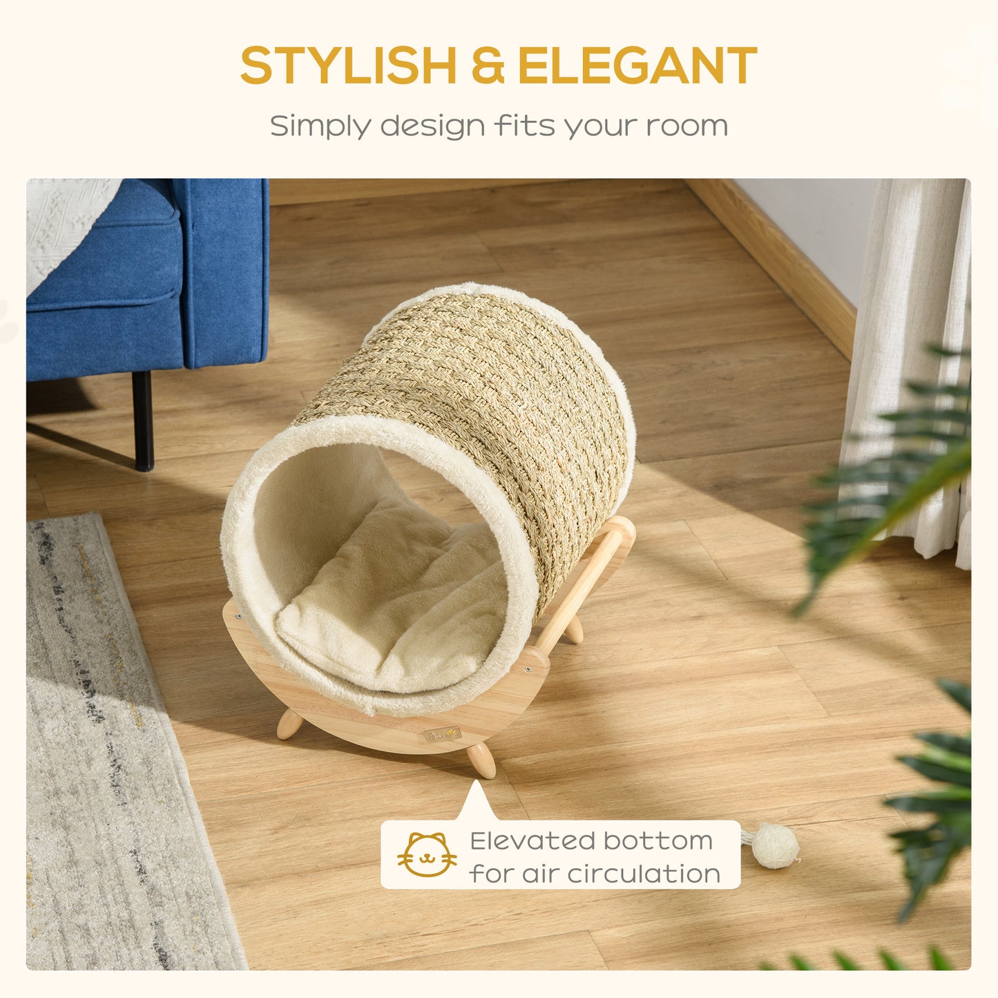 Raised Cat House, with Scratcher - Beige