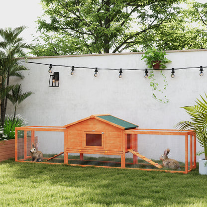 Wooden Rabbit Hutch with Run, Tray, Ramps, Asphalt Roof, 309 x 70 x 87cm, Orange