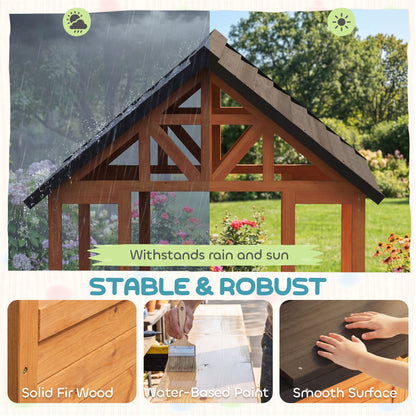 Wooden Playhouse Playhouse for Kids with Table, Benches, Sink Table, Windows, Flowerpot Holders, for Ages 3-8, Brown