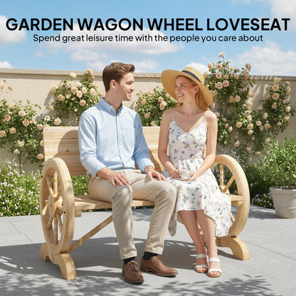 Fir Wood 2-Seater Outdoor Garden Wagon Wheel Bench, Natural Wood Finish