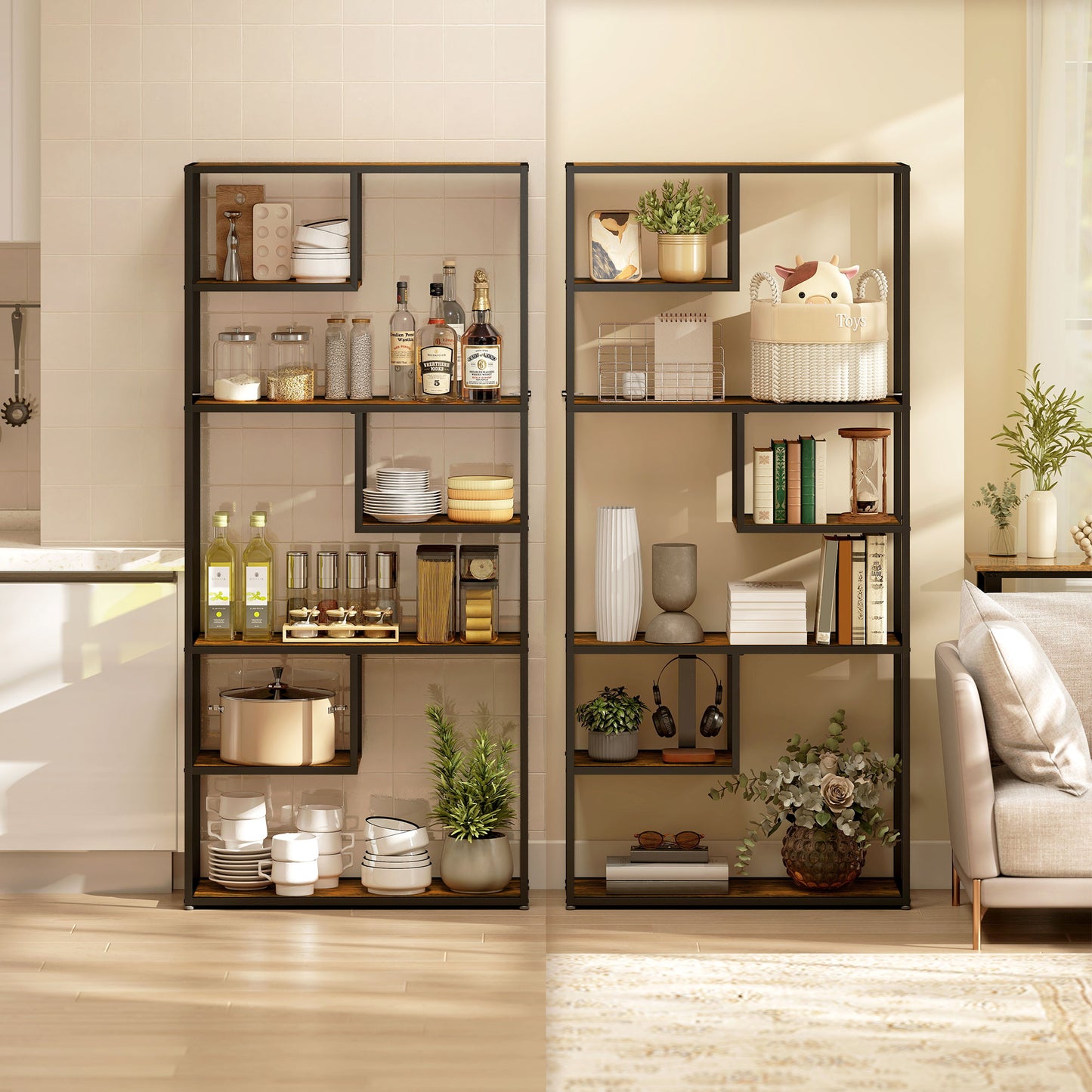 Industrial Bookcase Shelf, 6 Tier Metal Shelving, Storage Shelves for Living Room, Home Office, Bedroom, Rustic Brown