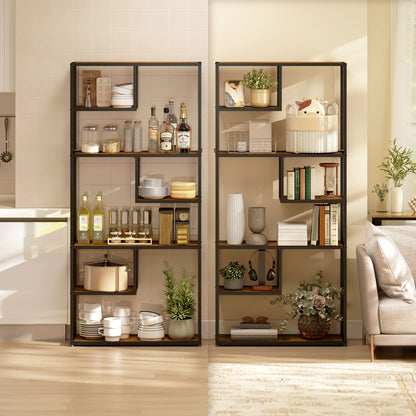 Industrial Bookcase Shelf, 6 Tier Metal Shelving, Storage Shelves for Living Room, Home Office, Bedroom, Rustic Brown