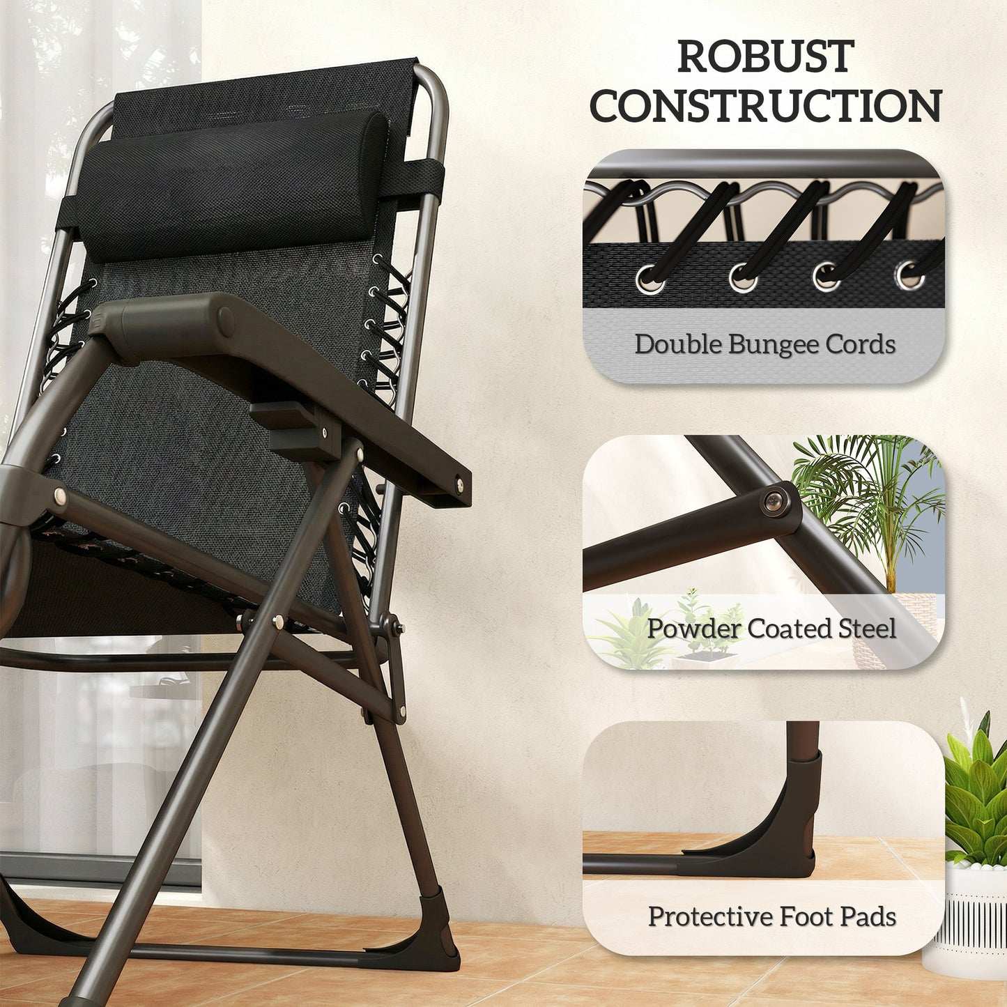 Zero Gravity Chairs Set of 2, Folding Sunloungers Reclining Garden Chairs with Cup Holder, Headrest, Black