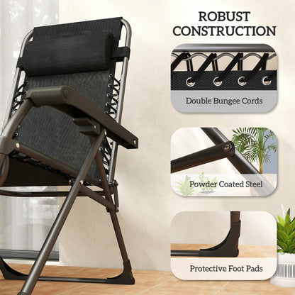 Zero Gravity Chairs Set of 2, Folding Sunloungers Reclining Garden Chairs with Cup Holder, Headrest, Black