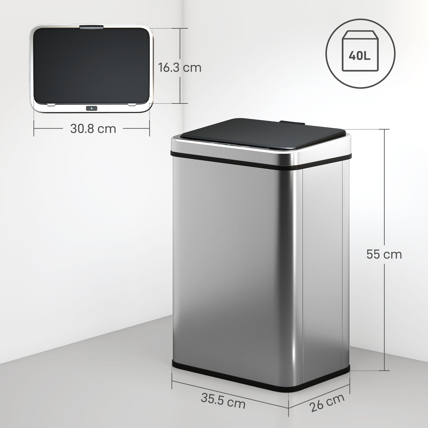 40L Sensor Bin with Soft-Close Lid, Stainless Steel Automatic Touchless Motion Sensor Kitchen Bin, Silver Tone