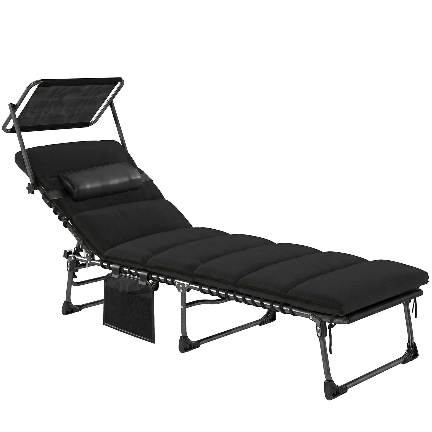 Folding Sun Lounger with Canopy, Reclining Sunbed with Cushion, Side Pocket, Carrying Handle, Black