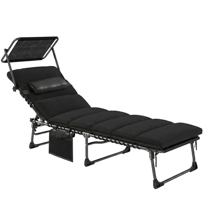 Folding Sun Lounger with Canopy, Reclining Sunbed with Cushion, Side Pocket, Carrying Handle, Black