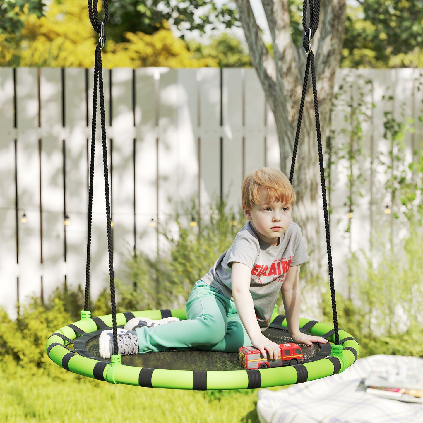 100cm Diameter Kid Nest Swing Seat with Height Adjustable Ropes for Outdoor, Indoor, Black/Green