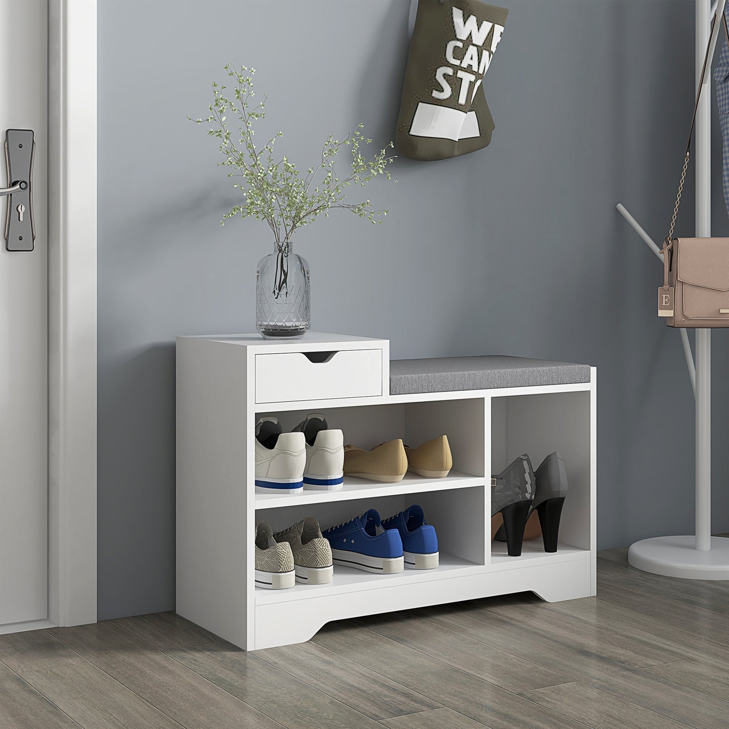 Multi-Compartment Shoe Bench, with Seat - White