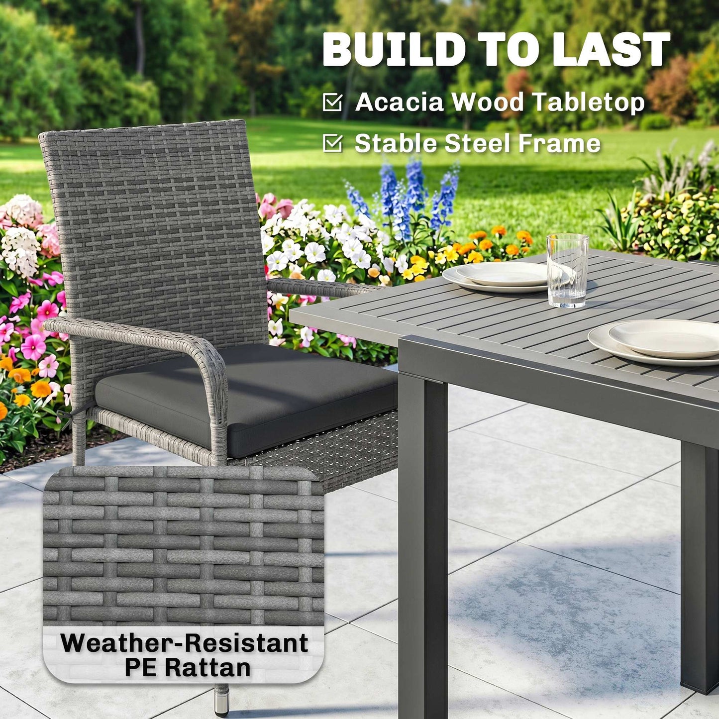 7 Piece Rattan Garden Furniture Set, 6 Seater Garden Table and 6 Stackable Chairs with Extendable Acacia Wood Tabletop