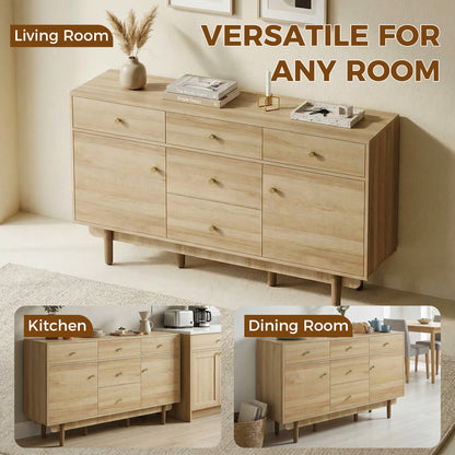 Sideboard with 5 Drawers and 2 Cabinets Buffet Cabinet with Solid Wood Legs 136 cm Walnut