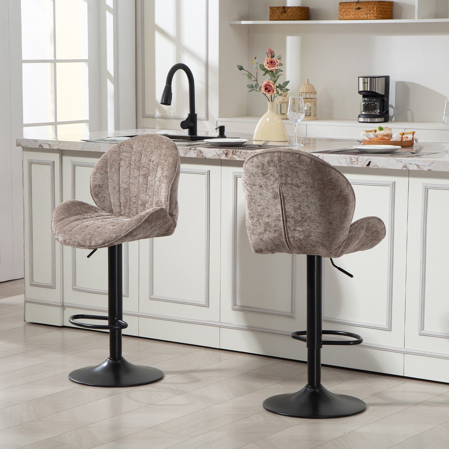 Bar Stools Set of 2, Swivel Barstools with Back, Adjustable Height and Footrest for Kitchen Island, Dining Room, Brown