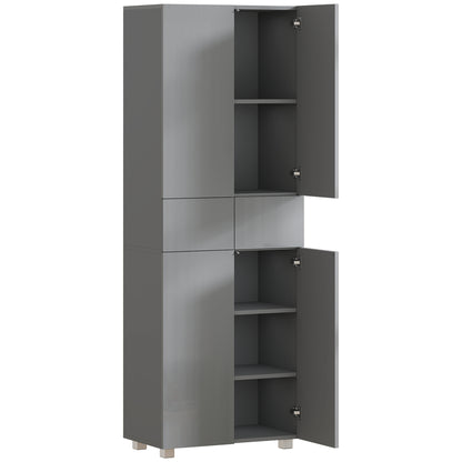 Storage Cabinet, Kitchen Cupboard with 3 Adjustable Shelves, 60L x 35W x 170H cm, High Gloss Grey
