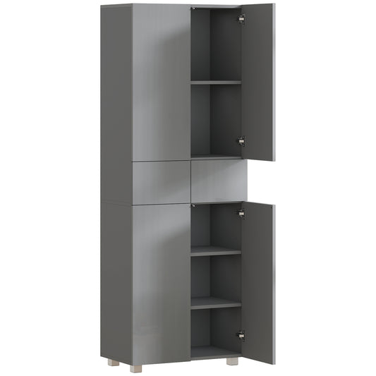Storage Cabinet, Kitchen Cupboard with 3 Adjustable Shelves, 60L x 35W x 170H cm, High Gloss Grey