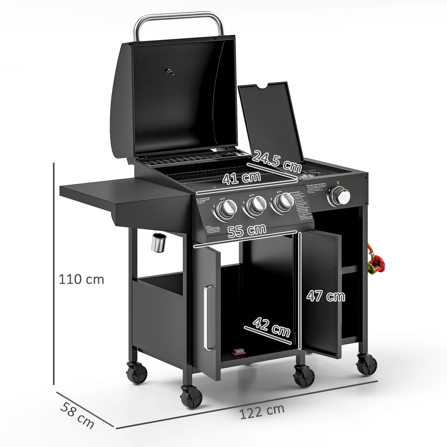 3+1 Burner Gas BBQ Grill with Storage Cabinet and Shelves, 9.5 kW Gas Barbecue Trolley with 6 Castor Wheels, Warming Rack