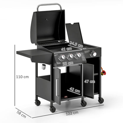 3+1 Burner Gas BBQ Grill with Storage Cabinet and Shelves, 9.5 kW Gas Barbecue Trolley with 6 Castor Wheels, Warming Rack