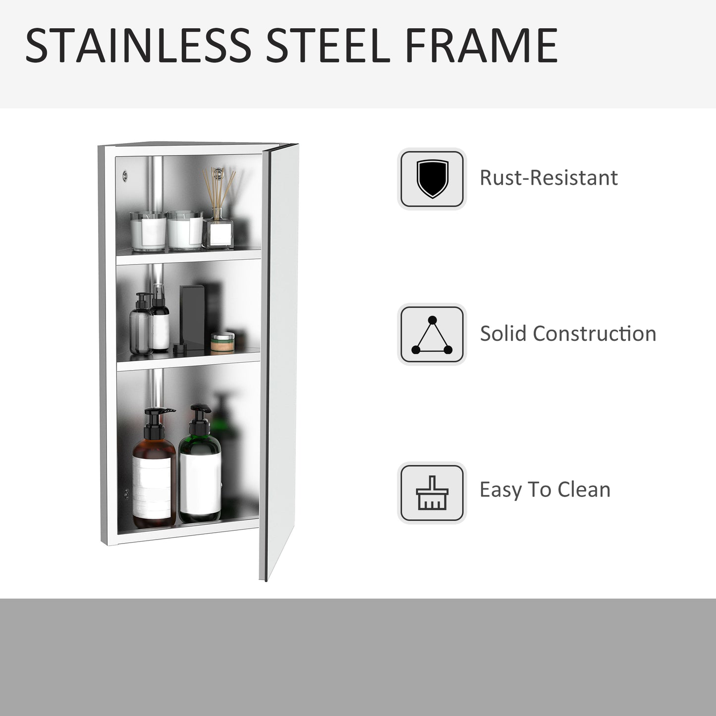 Stainless Steel Wall mounted Bathroom Corner Mirror Storage Cabinet Single Door 300mm (W)