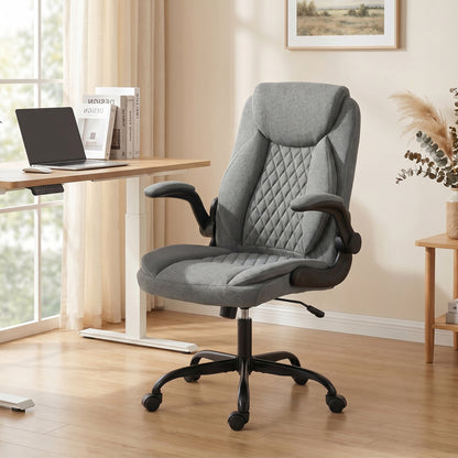 Linen-Look Computer Desk Chair, Executive Office Chair with Flip-Up Armrests and Thick Cushion, Grey
