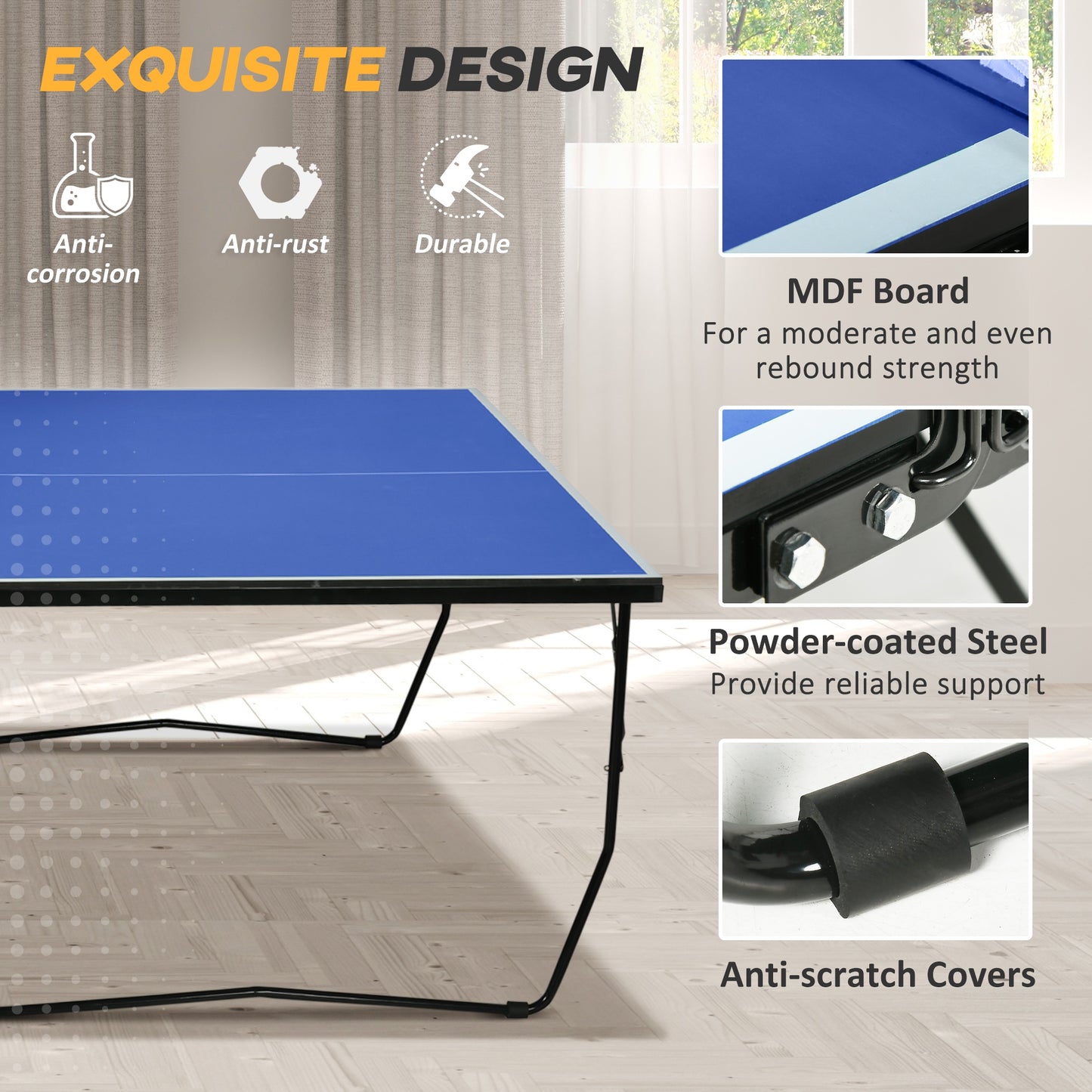 9FT Folding Tennis Table, with 8 Wheels, for Indoor Use, Blue