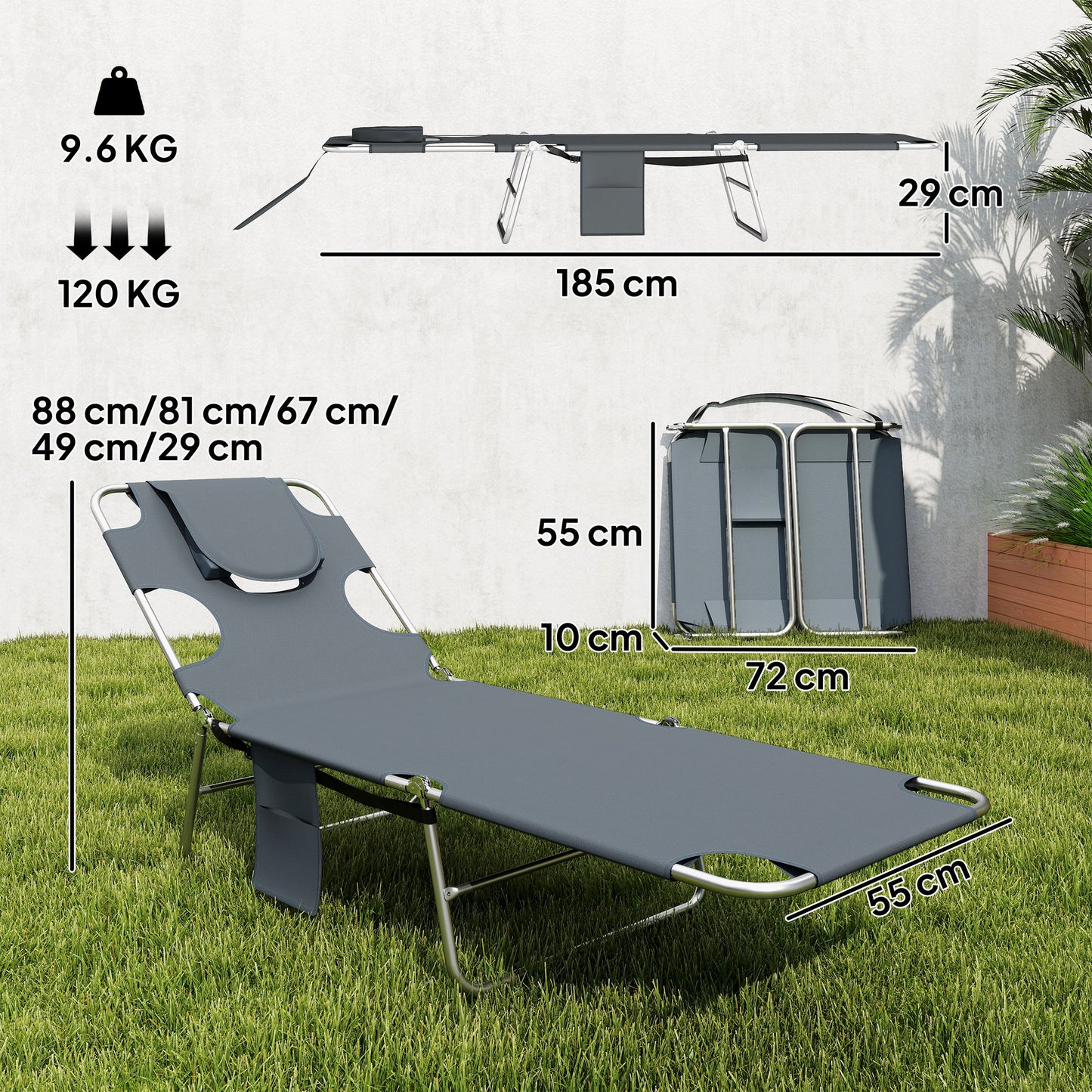 5-Position Adjustable Sun Loungers Set of 2 with Reading Hole and Side Pocket, Dark Grey