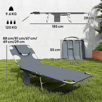 5-Position Adjustable Sun Loungers Set of 2 with Reading Hole and Side Pocket, Dark Grey
