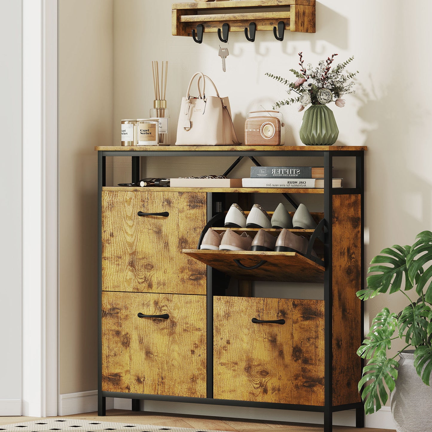 Shoe Storage Cabinet with 4 Flip Drawers and Open Shelf - Rustic Brown