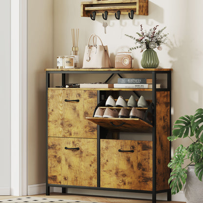 Shoe Storage Cabinet with 4 Flip Drawers and Open Shelf - Rustic Brown